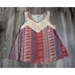 Miss Me Top Women's Small Sleeveless Paisley Print Sheer Y2K Lace Red Blue White